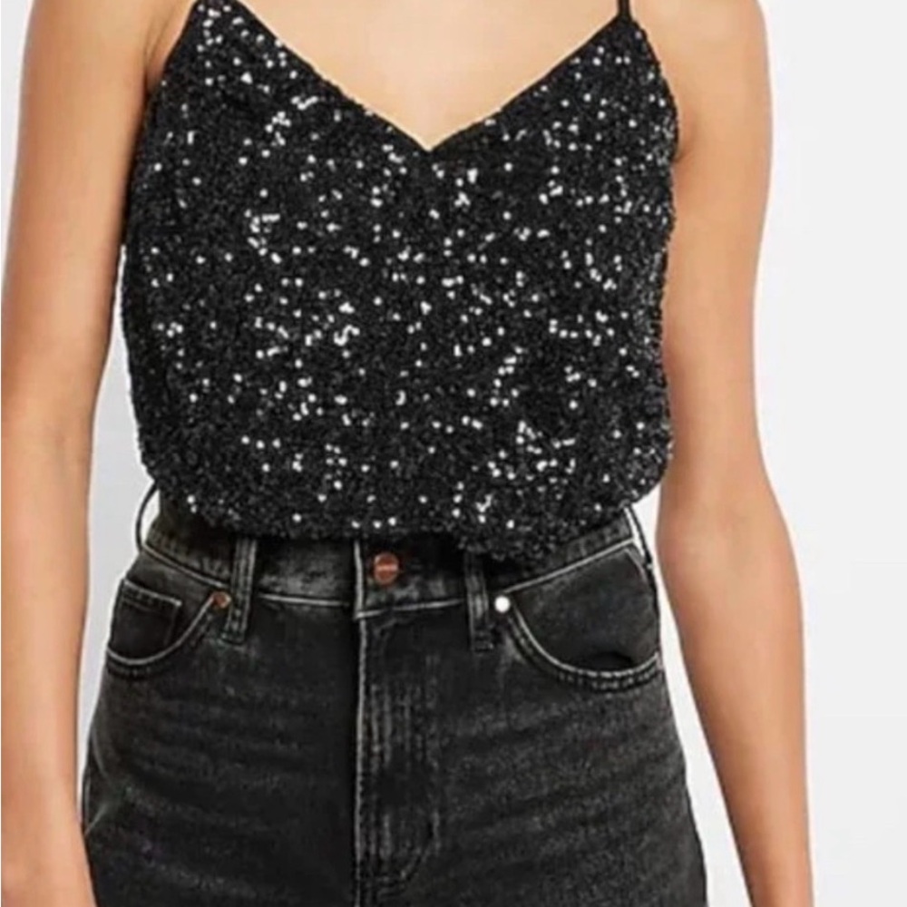 Black Sequin V-Neck Faux Wrap Thong Bodysuit with Adjustable Straps